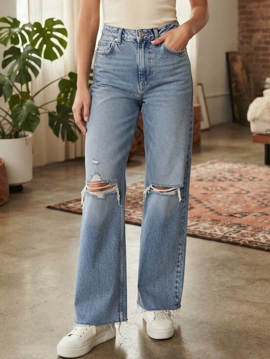 Zara Denim - Zara Distressed High Rise Straight Leg Jeans Light Wash Raw Hem